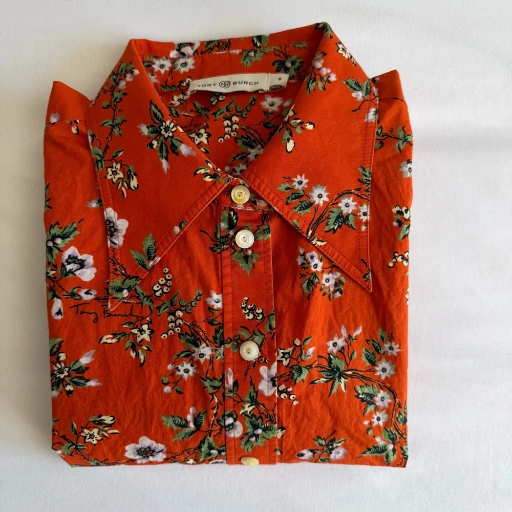 Tory Burch 100% Cotton Orange Floral Classic Oxford Button Down Shirt - Picture 1 of 17
